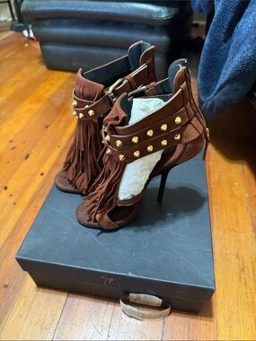 Saks Fifth Avenue Brown Suede Fringe Studded Stiletto Sandals